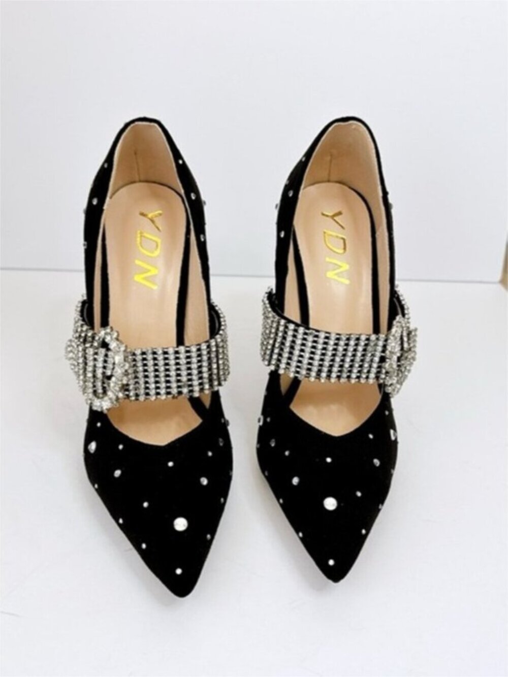 Size 7 Women’s Black Suede Rhinestone Studded Stiletto Party Heels